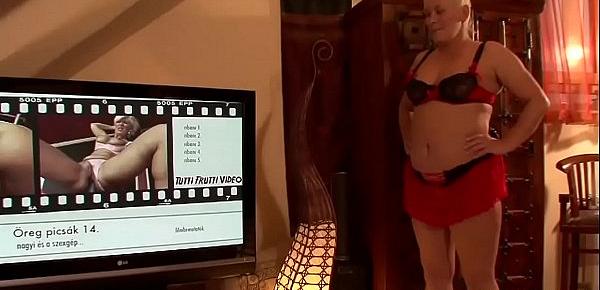  Fat granny watch porno flicks and gets fucked by stud